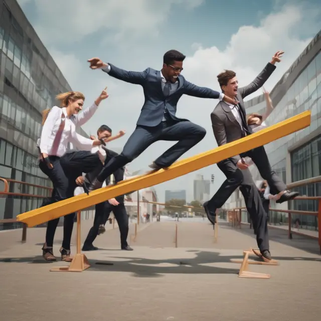 A group of people depicted as flexible workers balancing on a seesaw, symbolizing the ability to manage labor costs and adjust workforce size in response to economic conditions