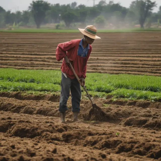 Farmer working in a field with increasing wage costs in the background