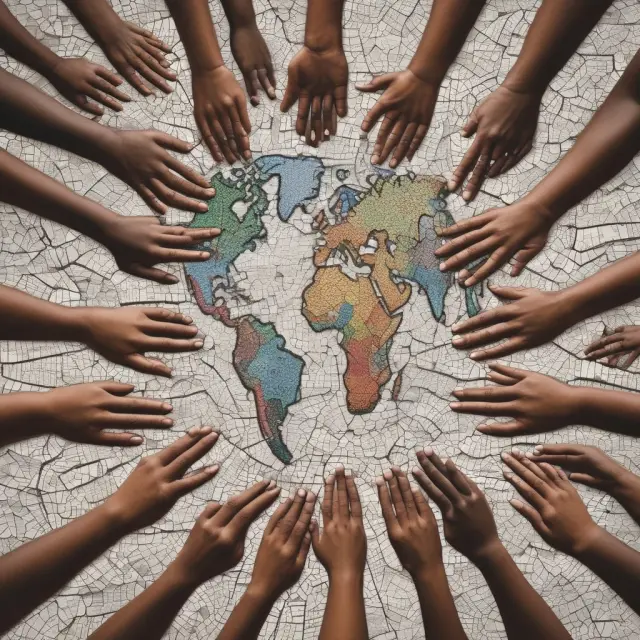 Mosaic of hands assembling a world map, representing labor-intensive industries in developing nations