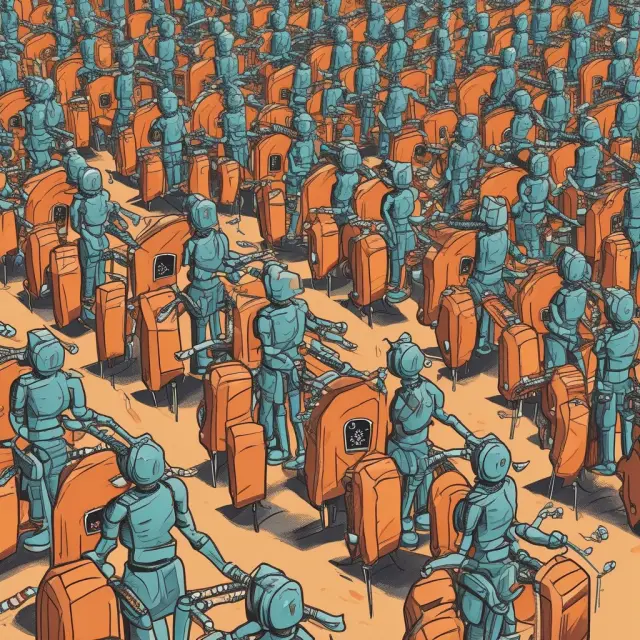 Robots and workers collaborating in a labor-intensive field, illustrating the impact of technology on manual labor