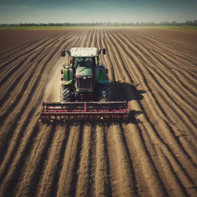 A labor-intensive scene: A farmer working on a field while a robot harvests nearby