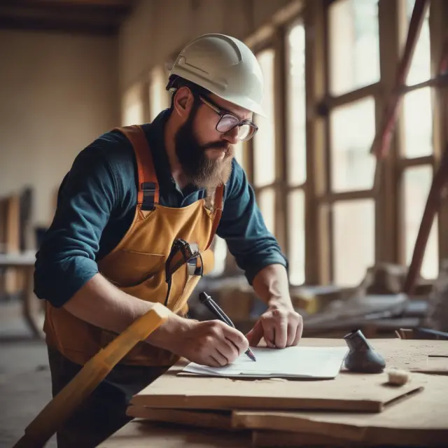 Worker using a hammer and holding a tablet, illustrating labor intensity in the construction industry.