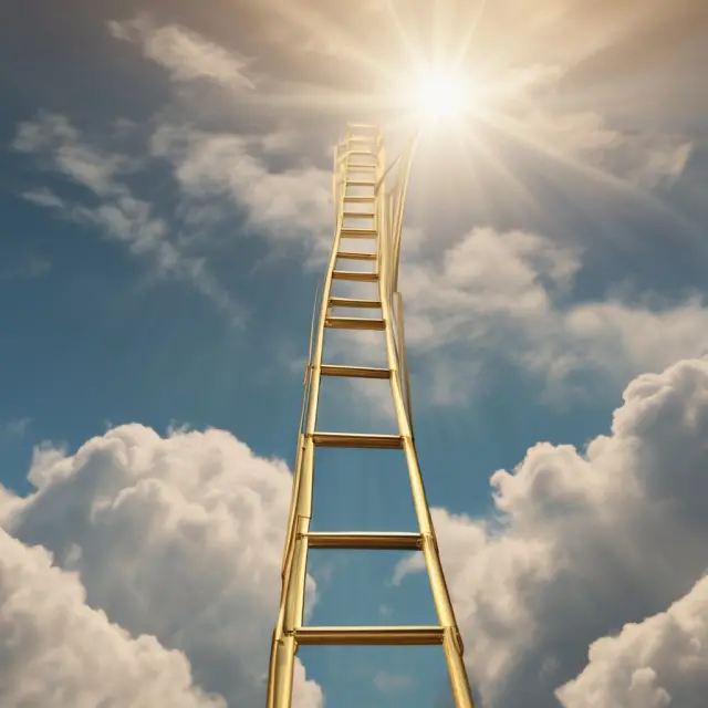 Golden ladder reaching upwards towards a sky filled with ripening bond symbols. Laddering strategy for managing interest and reinvestment risks during retirement.