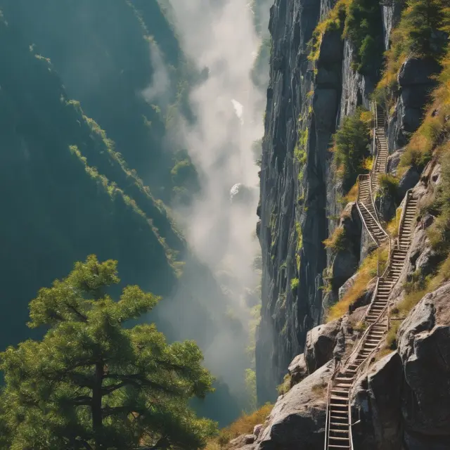 Bond ladder climbing a mountainside, each rung representing a bond with varying maturity to manage interest rate risk.