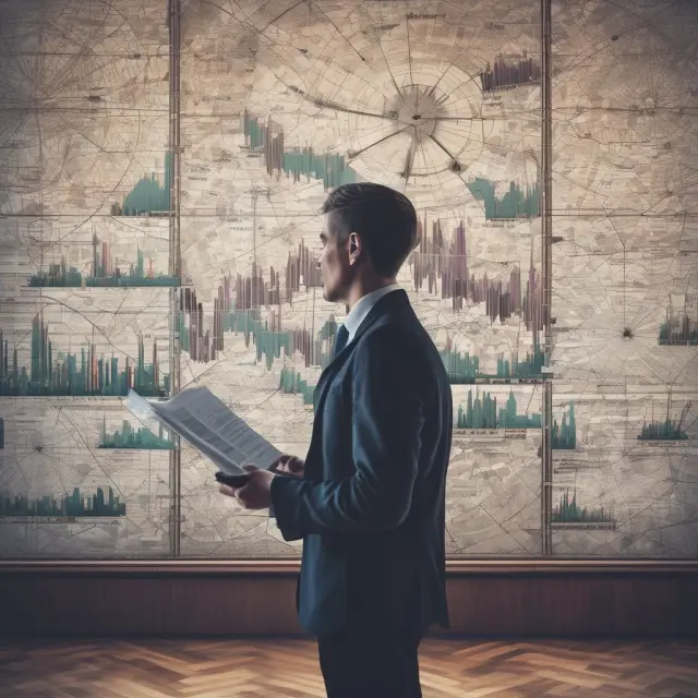 An investor meticulously analyzing financial reports, charts, and industry trends to discover potential opportunities within underperforming stocks