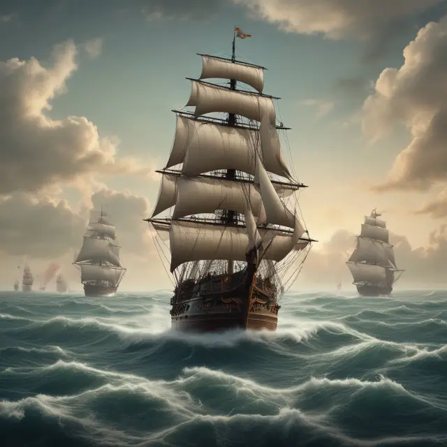 A boat representing a lagging stock struggles in the vast ocean as other prosperous ships sail by, symbolizing investment challenges and potential risks.
