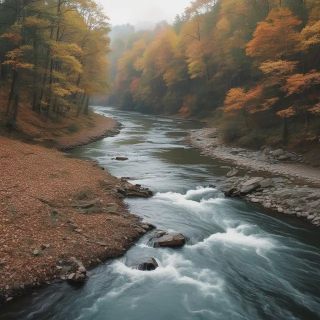 A slow-moving river reflects the economic trends, with corporations acting as pebbles that change its flow over time (corporate profits as a lagging indicator)