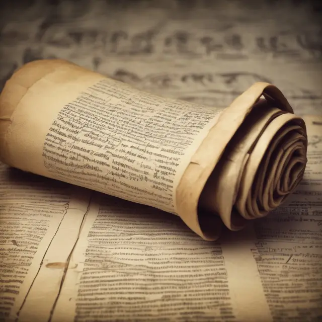 An ancient scroll unfurling to reveal past business performance indicators, including sales revenue, customer satisfaction, employee turnover rate, net profit margin, and ROI