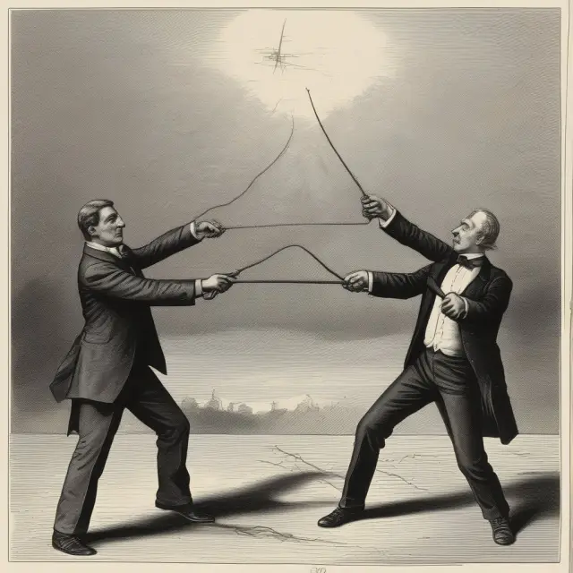 A giant pendulum swings between a government intervention figure and laissez-faire economics figure, representing historical attempts to balance control and self-regulation