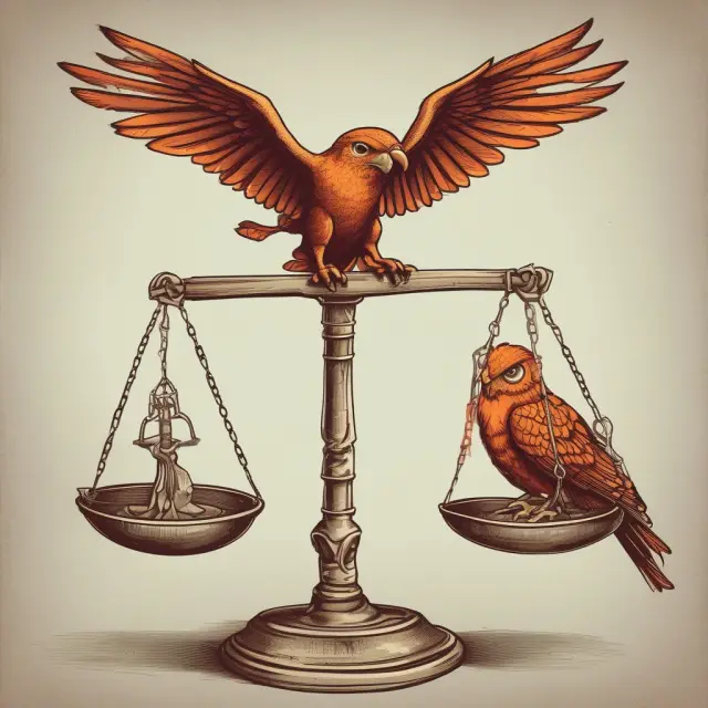A balance scale with a Phoenix representing laissez-faire economics on one side and an Owl representing government intervention on the other, illustrating the ongoing debate