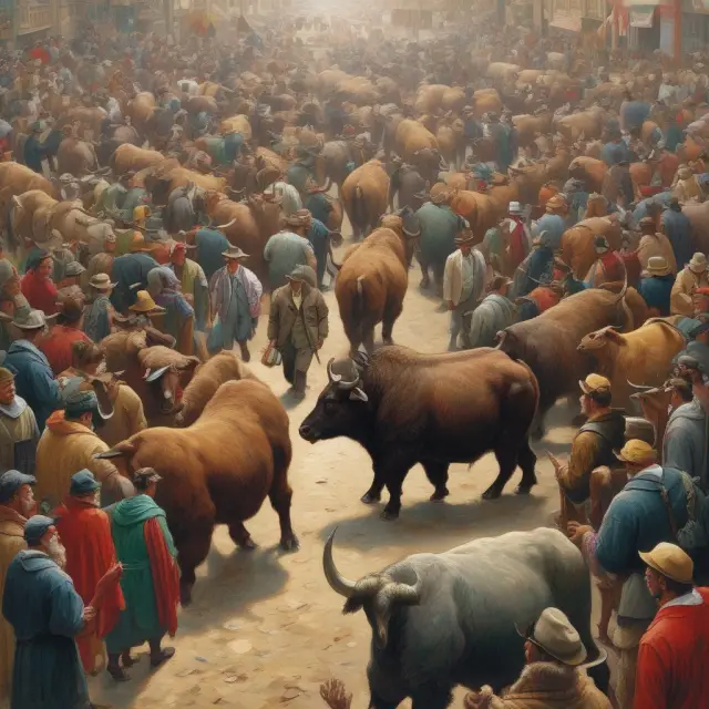 A metaphorical image of a bustling marketplace filled with bulls and bears representing the risks and opportunities in laissez-faire economies.