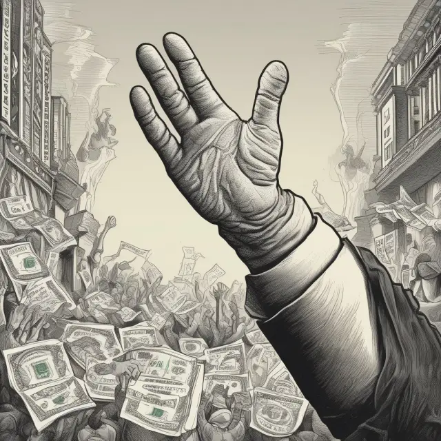 An image of a marketplace filled with ideas, personified as hands (representing laissez-faire) and gloves (symbolizing socialism), engaging in a thoughtful debate to strike the ideal economic balance