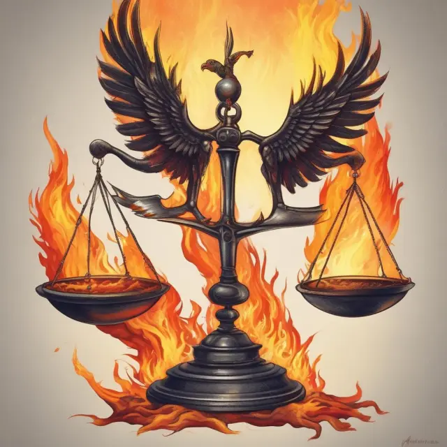 Phoenix lambda rises from scales, balancing delta and vega flames