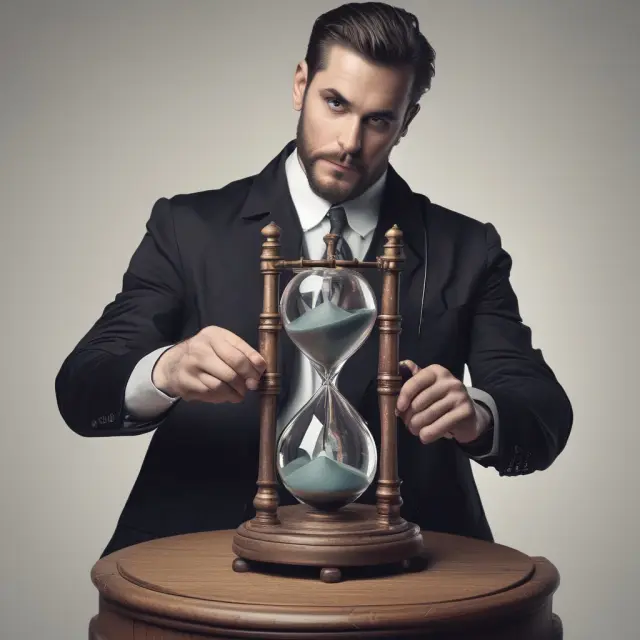 Trader examining an hourglass filled with options trading components: lambda for leverage and vega for volatility.
