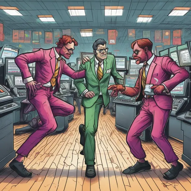 A stock trader calmly dancing with an ascending price graph, contrasted with an options trader passionately engaging in a volatile dance with oscillating premium lines.