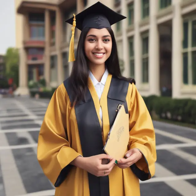 A LUMS graduate celebrating with a diploma, surrounded by gold-framed job offers and an employment rate chart.