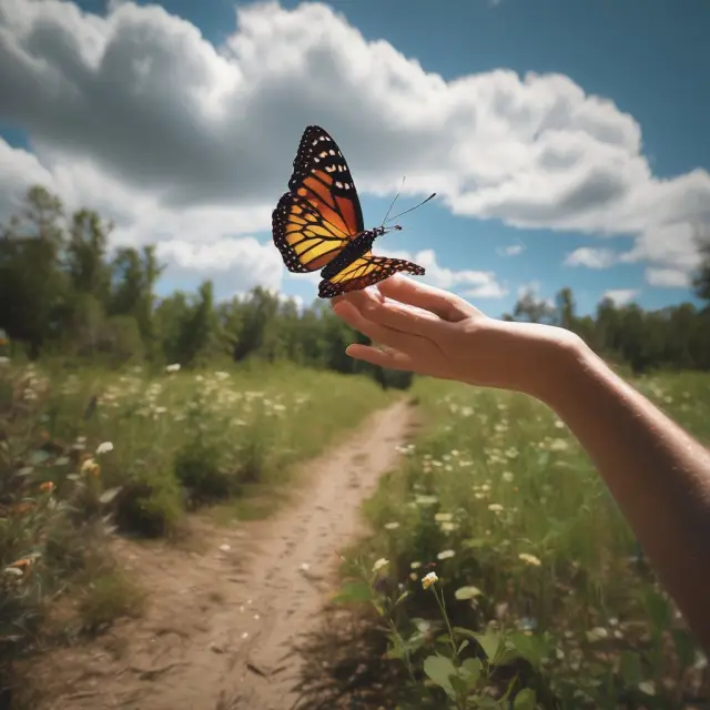 Hand releasing butterfly over protected land with conservation easement symbol