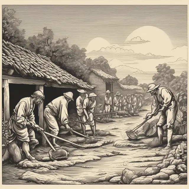 Farmers cultivating land under a steady sun – ancient representation of fair taxation through LVT