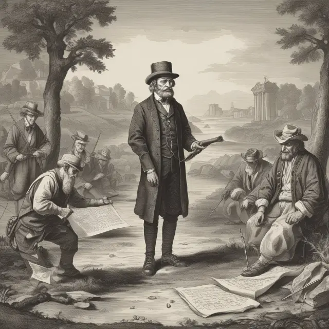 An image of a time traveler examining historical scrolls depicting the origins and development of land value tax through various eras