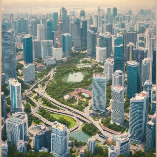 A modern Singaporean cityscape with land value tax revenues represented as a steady flow filling a community funding jar