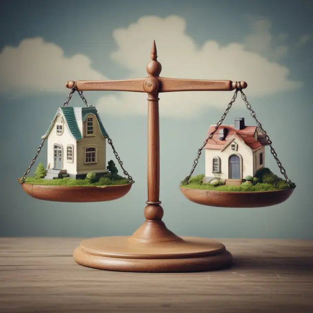 Balanced scales comparing Land Value Tax (LVT) and traditional property tax, symbolizing a deliberation over their respective advantages and disadvantages