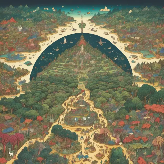 A rolling hills landscape with natural resources (oil, minerals, forests) symbolizing land
