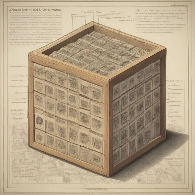 An ornate puzzle box filled with interconnected land plots, natural resources, and economic indicators, representing land ownership aspects: rights, usage, and monetization