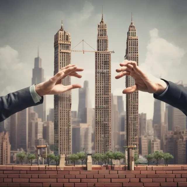 Two hands building a city on a scale, illustrating urban land use and real estate development