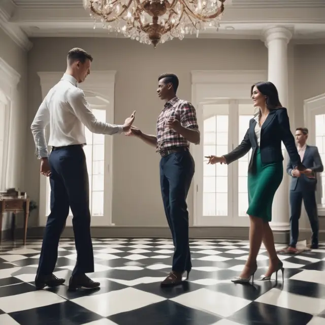 Two figures negotiating on a checkered floor, representing the buyer and seller engaging in the seller financing process