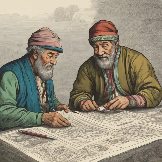 Two individuals discussing terms of a land contract at a table, depicting negotiations for favorable interest rates and payment schedules