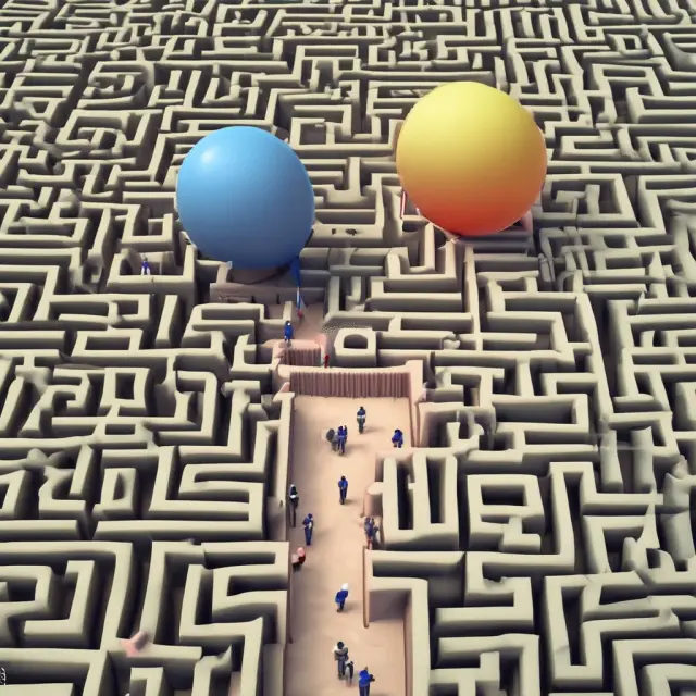 An intricate maze representing loan options (seller financing and bank loans). Interest rates and repayment schedules are shown as winding paths with balloon payments as hidden gems to be discovered.