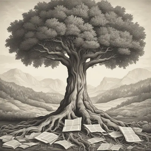 An image of a tree whose roots are replaced by stacked contract documents, representing the strong foundation of land contracts.
