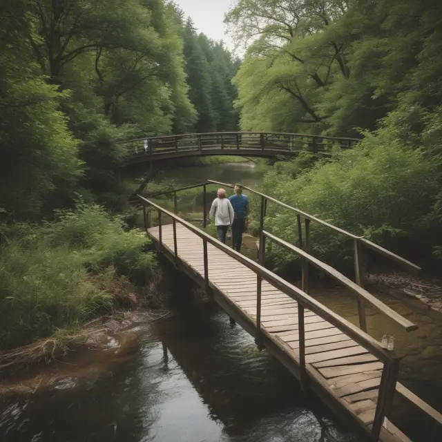 A landowner crossing a bridge to access their landlocked property with the help of an easement granted by their neighbor
