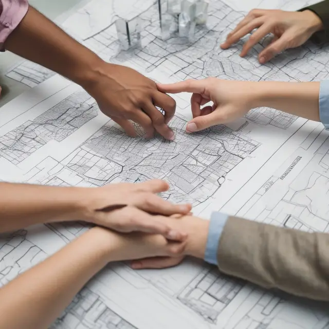 Two neighbors shaking hands while signing a written agreement for an easement over a property map