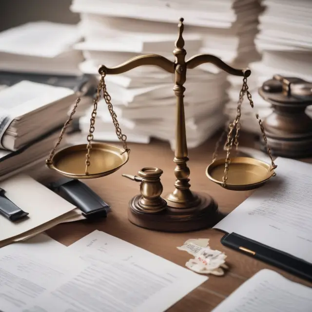 A lawyer meticulously examines deeds and title documents atop a scale, symbolizing the importance of legal due diligence when dealing with landlocked real estate parcels