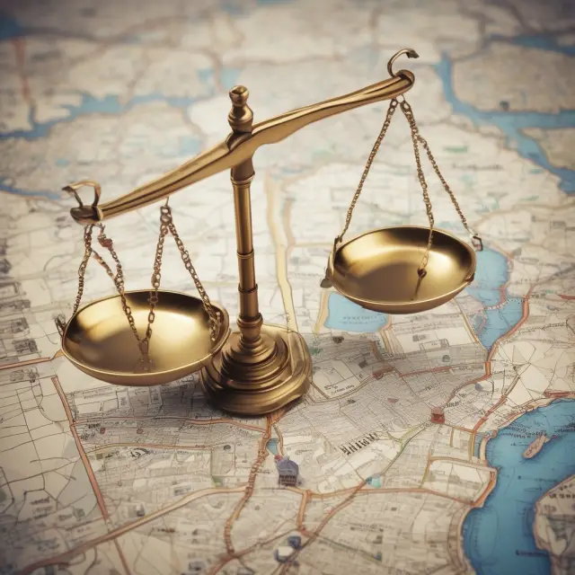 Scales of justice with housing units and map depicting equal application of legal obligations for property owners.