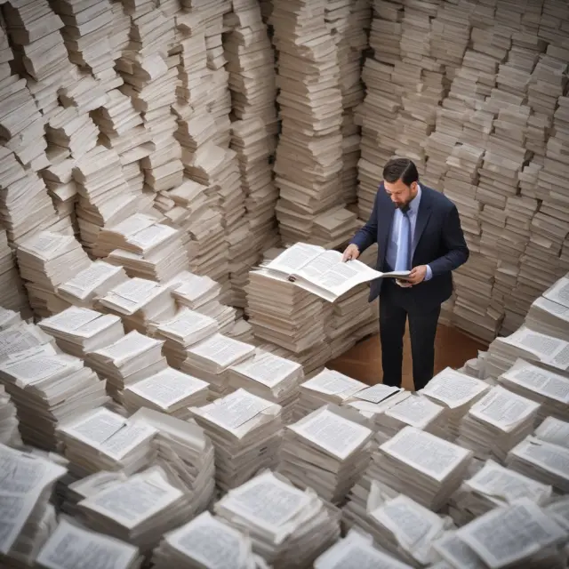 Landlord traversing a labyrinthine maze, symbolizing the challenges of managing rental properties with legal documents and tenant concerns