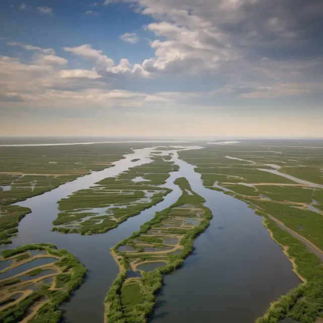 A river delta engulfing a cityscape, symbolizing environmental risks to land value