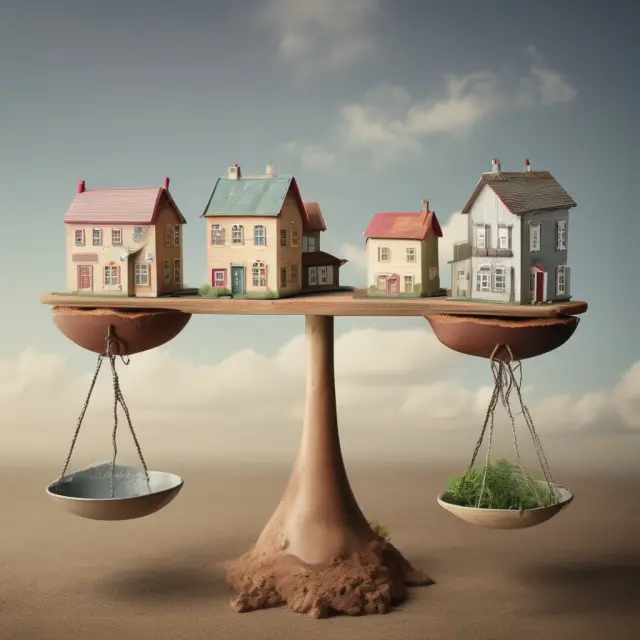 Scale weighing land value against restrictive covenants, with buildings symbolizing potential growth opportunities