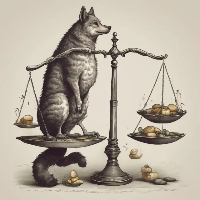 Wolf slyly adjusting invoice dates on a balance scale to hide fraudulent activities