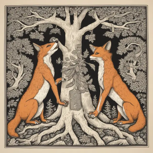 A vigilant figure standing guard over an account tree, warding off two sly foxes representing suspected fraudulent activity