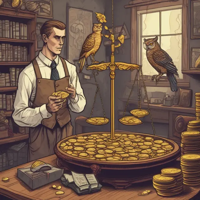 A crafty accounting clerk trying to deceive gold coins on a scale is closely watched by an observant owl, representing internal controls and fraud prevention.