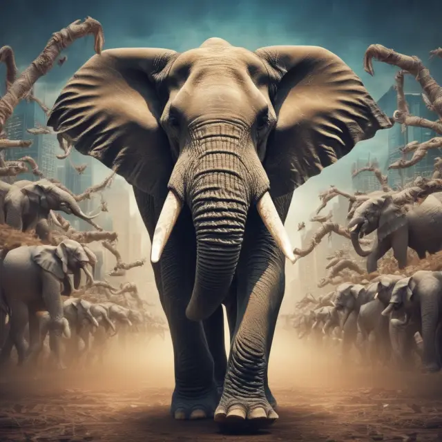 A majestic elephant stands tall amidst various stock market animals, representing the dominance of large-cap companies
