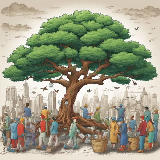 A garden of market-leading companies with deep roots and diverse branches representing various industries, symbolizing the stability and growth benefits of investing in large-cap stocks.