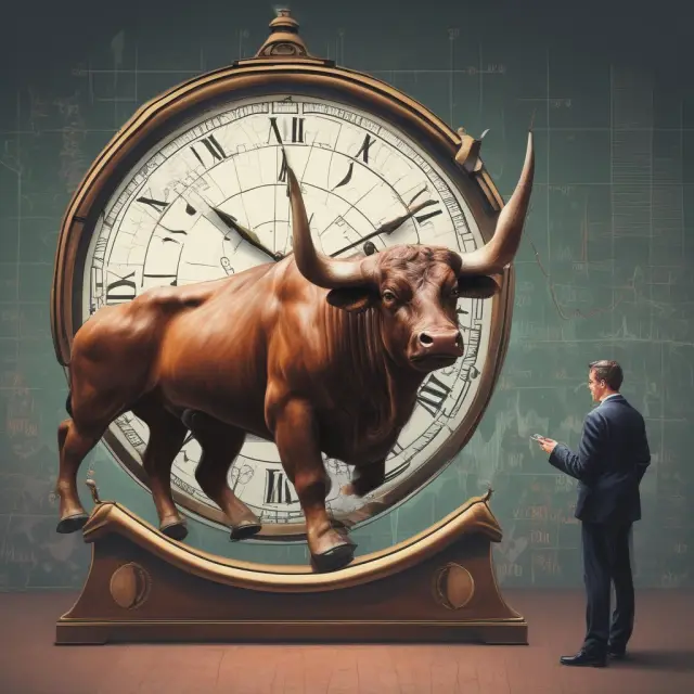 A large-cap bull stands on a clock, symbolizing stable investments. Two investors examine graphs labeled with sectors, illustrating informed decision-making in large-cap stocks