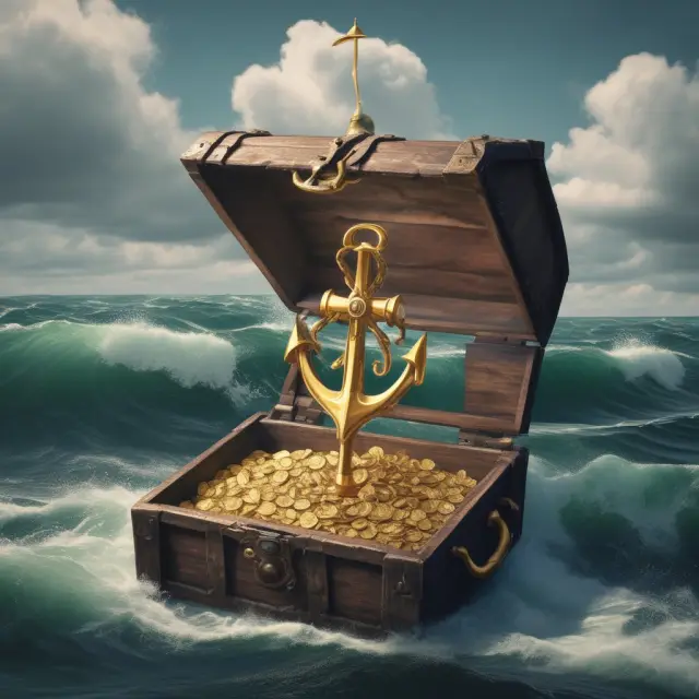 Anchored treasure chest with gold coins symbolizing large-cap stocks