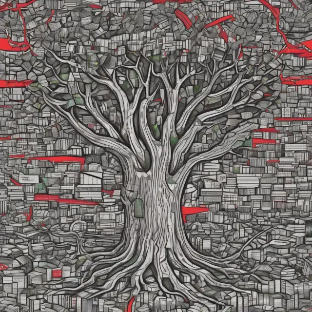 A lush tree grows from chaos, its roots intertwining with relational databases. Larry Ellison gazes at it, symbolizing Oracle