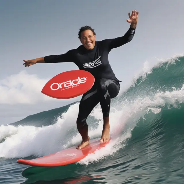 Ellison riding the internet wave on a surfboard, symbolizing Oracle