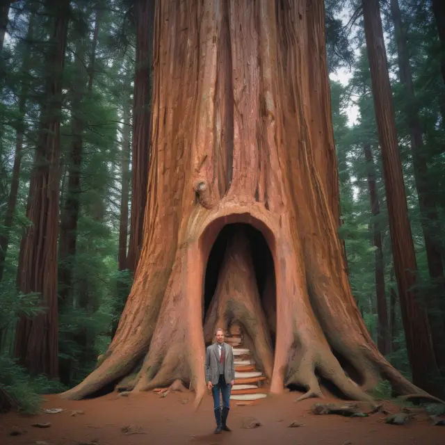 An acorn metamorphosing into a towering redwood tree symbolizes Larry Ellison
