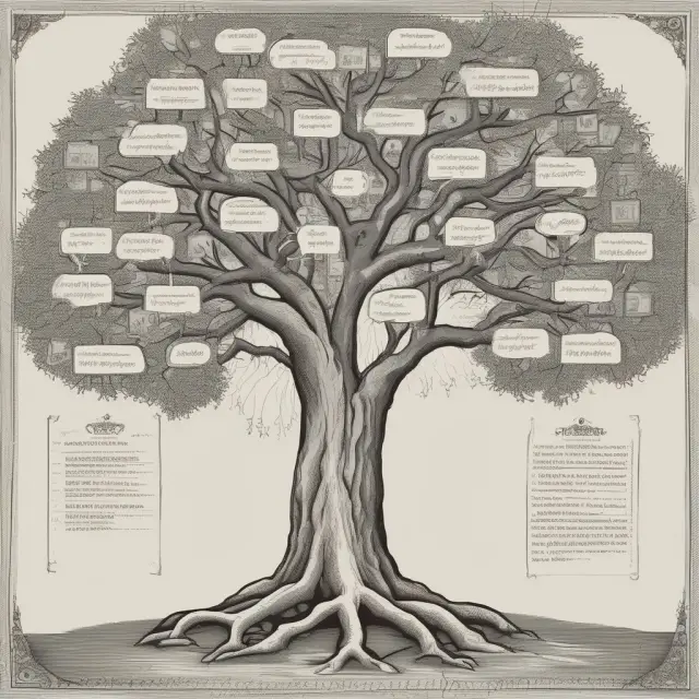A tree representing a last will and testament with labeled branches for asset identification, executor designation, and estate planning.